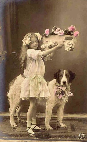 A flower dog and a flower girl.